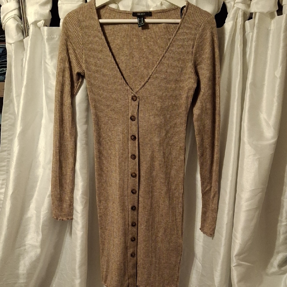 Forever 21 Tan Ribbed Long Sleeve Dress Med